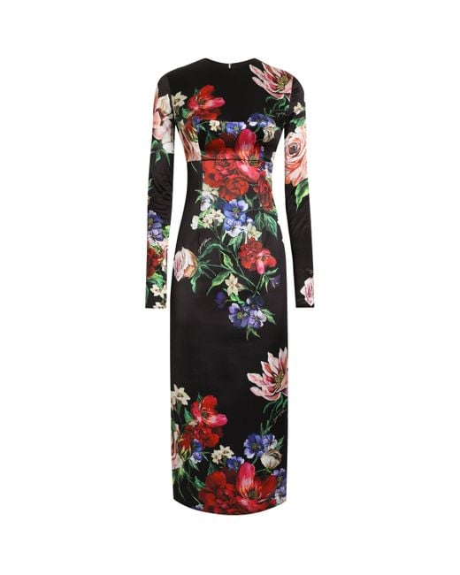 Dolce & Gabbana Red Satin Floral Print Midi Dress