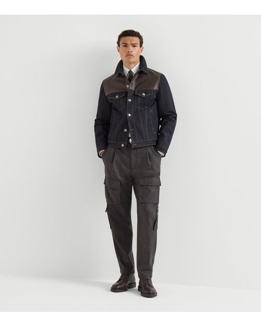 Brunello Cucinelli Black Leather-Trim Denim Jacket for men