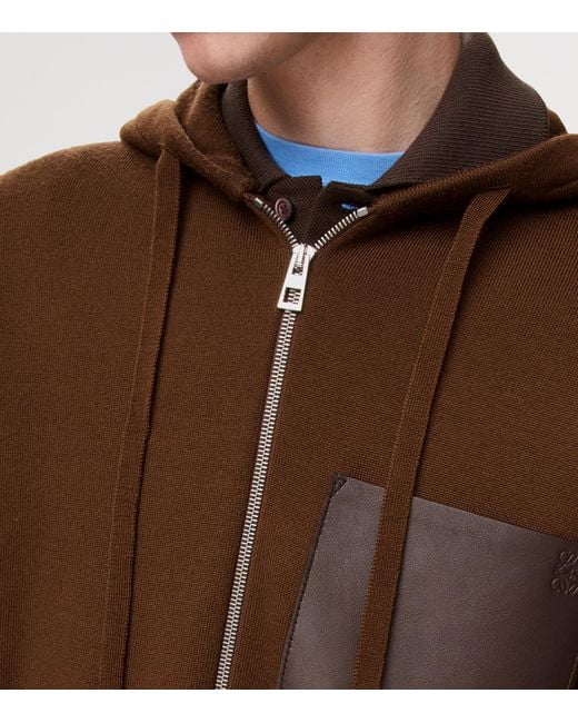 Loewe Brown Wool-Blend Leather-Pocket Hoodie for men