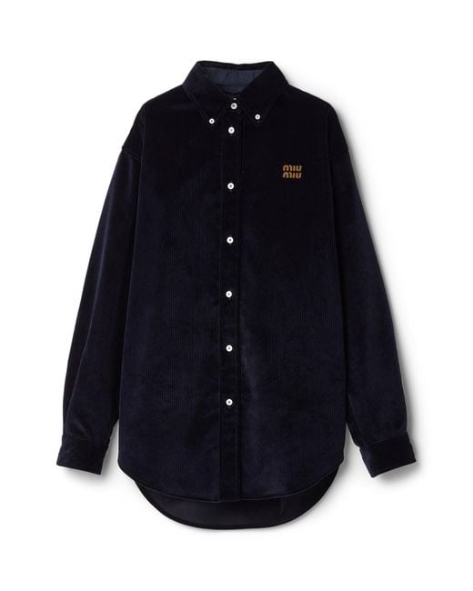Miu Miu Blue Corduroy Suede-Trim Shirt
