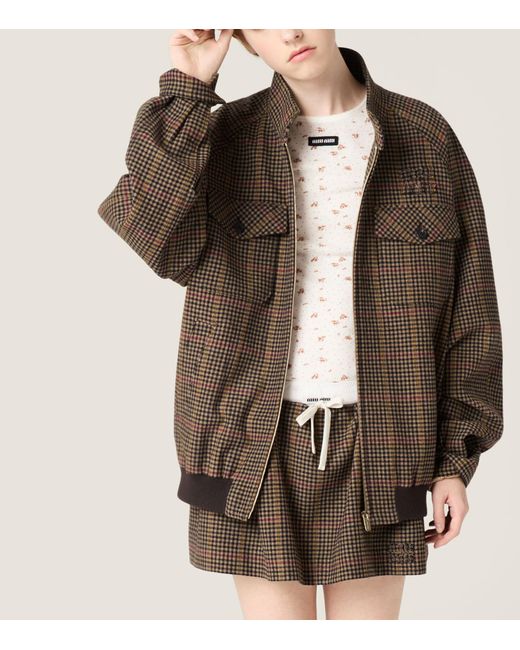 Miu Miu Brown Wool Houndstooth Drawstring Mini Skirt