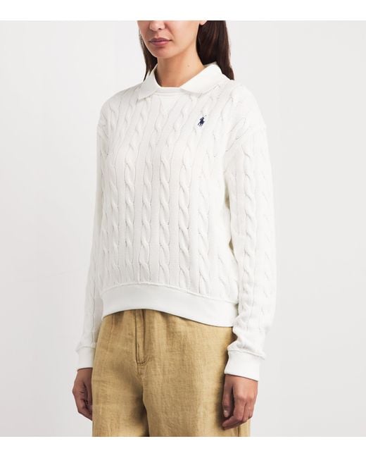 Polo Ralph Lauren White Cotton Cable-Knit Polo Collar Sweater