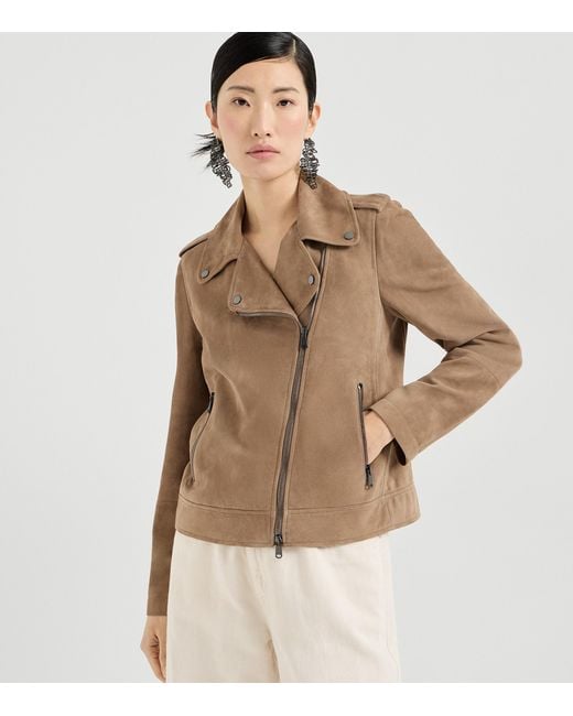 Brunello Cucinelli Brown Suede Biker Jacket