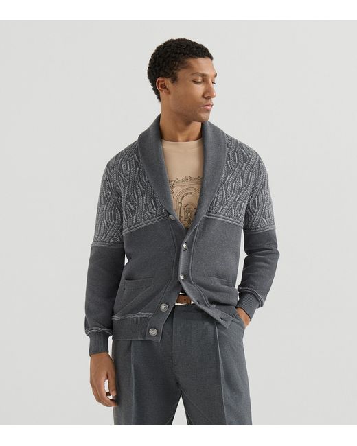 Brunello Cucinelli Gray Cotton Jacquard Shawl Cardigan for men