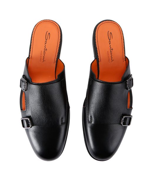 Santoni Black Leather Monk Slippers for men