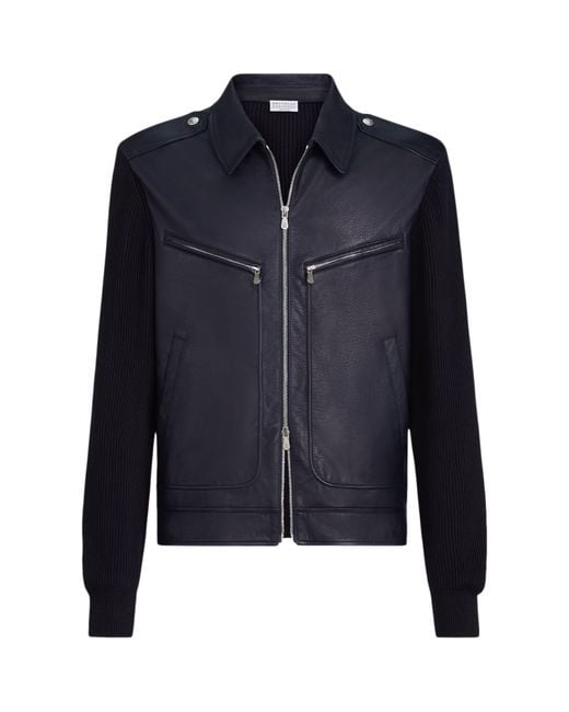 Brunello Cucinelli Blue Knitted Leather Jacket for men