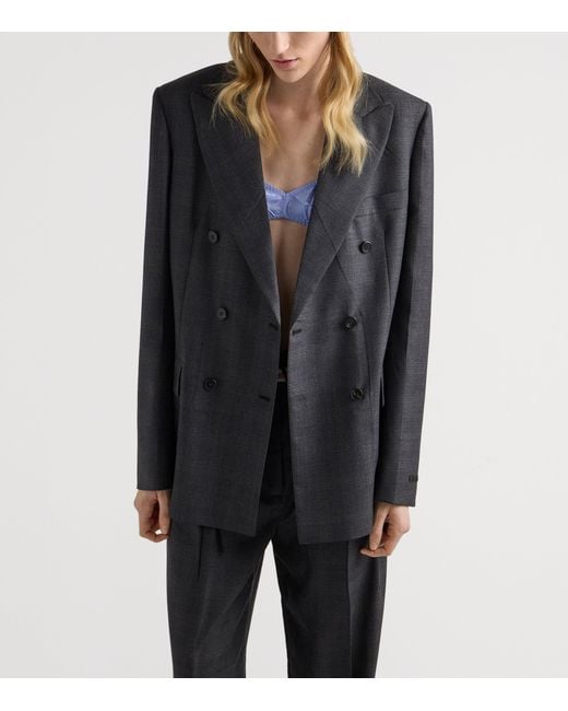 Prada Blue Wool Check Double-Breasted Blazer