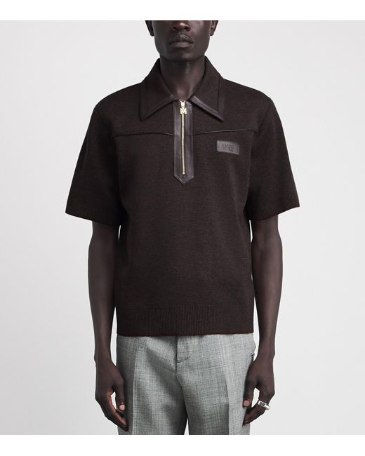 Amiri Black Wool Leather-Trim Zip Polo Shirt for men