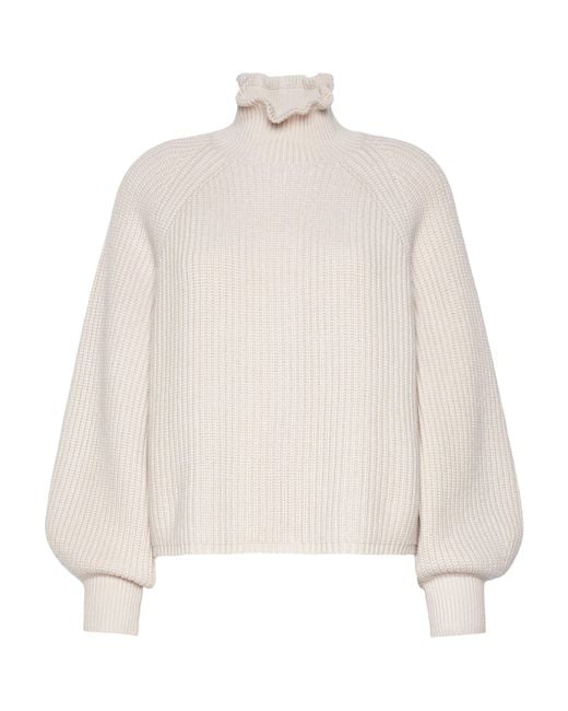 Max Mara White Wool-Cashmere Ruffle-Neck Sweater