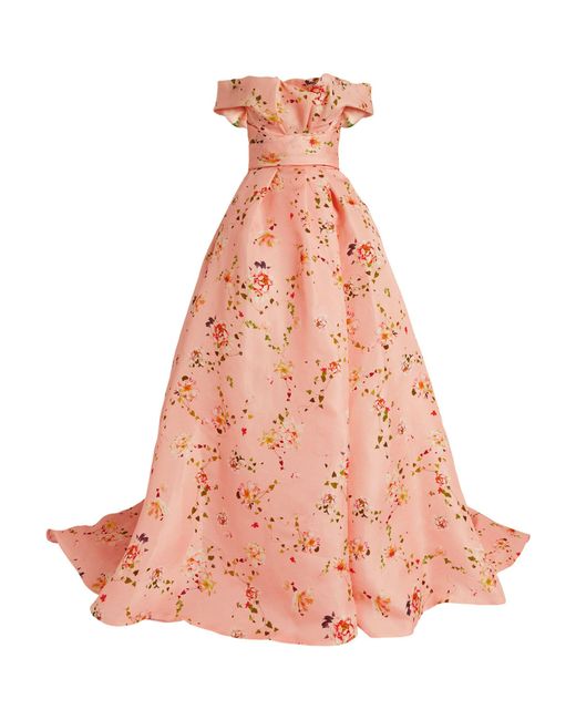Monique Lhuillier Pink Silk Floral Off-the-shoulder Gown
