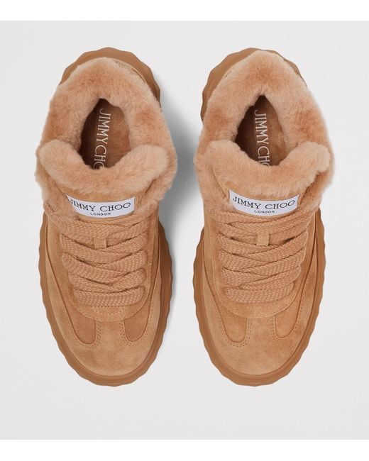 Jimmy Choo Brown Diamond Maxi Retro Suede-Shearling Sneakers