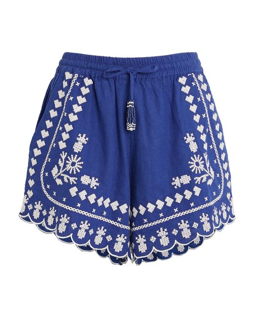 Farm Rio Blue Embroidered Scallop-trim Shorts