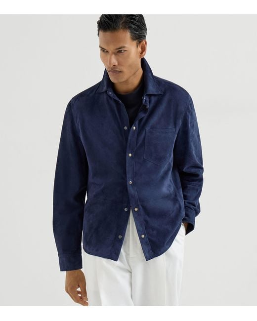 Brunello Cucinelli Blue Suede Shirt for men