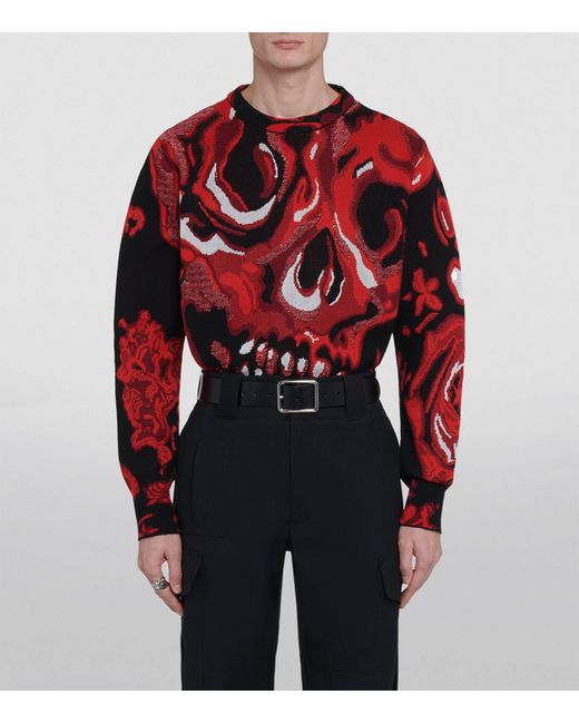 Alexander McQueen Red Jacquard Skull Sweater for men
