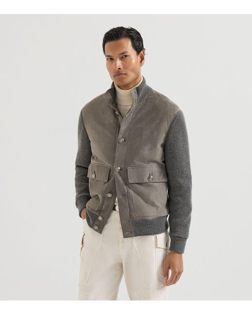 Brunello Cucinelli Gray Cotton-Suede Hybrid Bomber Jacket for men