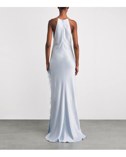 LAPOINTE White Satin Feather-Trim Halterneck Gown