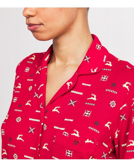 Skims Red Modal-Blend Festive Print Pyjama Set