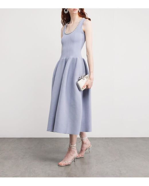 Self-Portrait Blue Rib-Knit Embellished Midi Dress