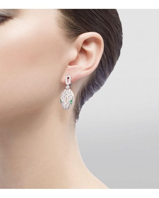 BVLGARI Metallic White Gold, Diamond And Emerald Serpenti Earrings