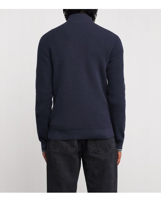 Fred Perry Blue Cotton Waffle Stitch Quarter-Zip Sweater for men