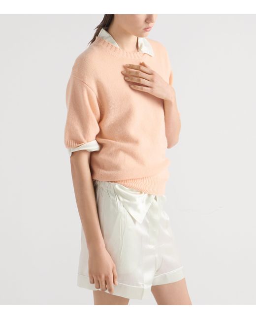 Prada Natural Wool-Cashmere Short-Sleeve Sweater