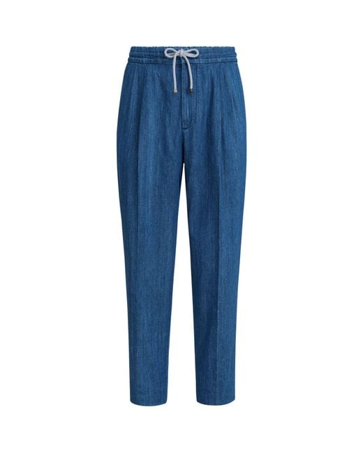 Brunello Cucinelli Blue Denim Drawstring Trousers for men