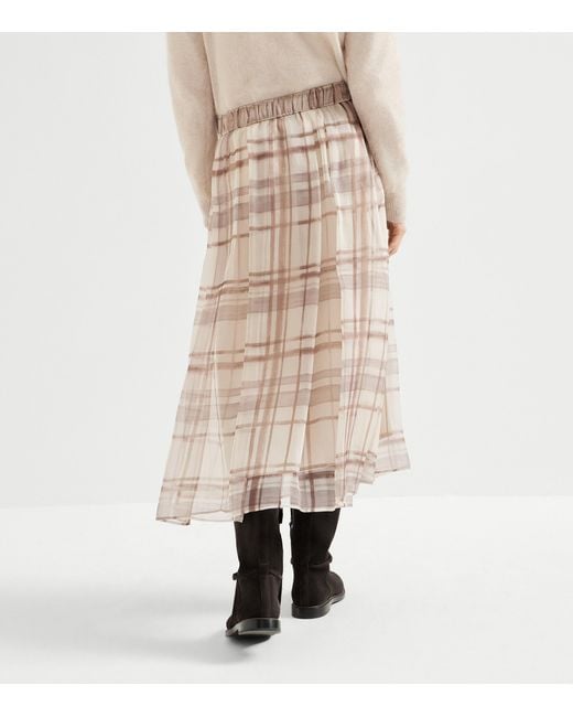 Brunello Cucinelli Natural Silk Check Midi Skirt