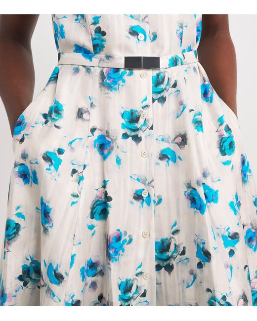 Tory Burch Blue Silk Floral Midi Shirt Dress