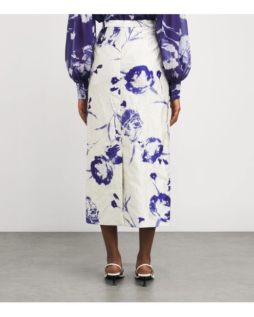 Erdem White Satin Floral Midi Skirt