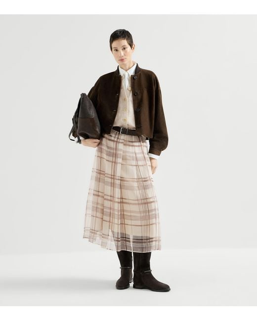 Brunello Cucinelli Natural Silk Check Midi Skirt