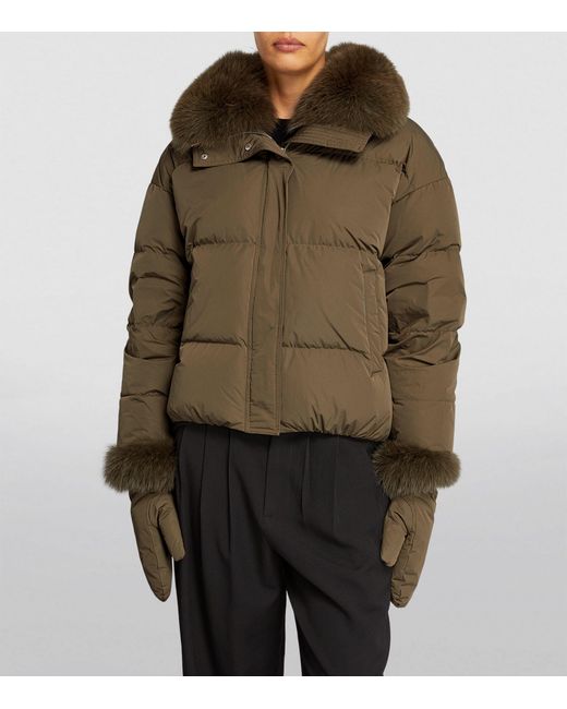 Yves Salomon Green Fur-trim Puffer Jacket With Gloves