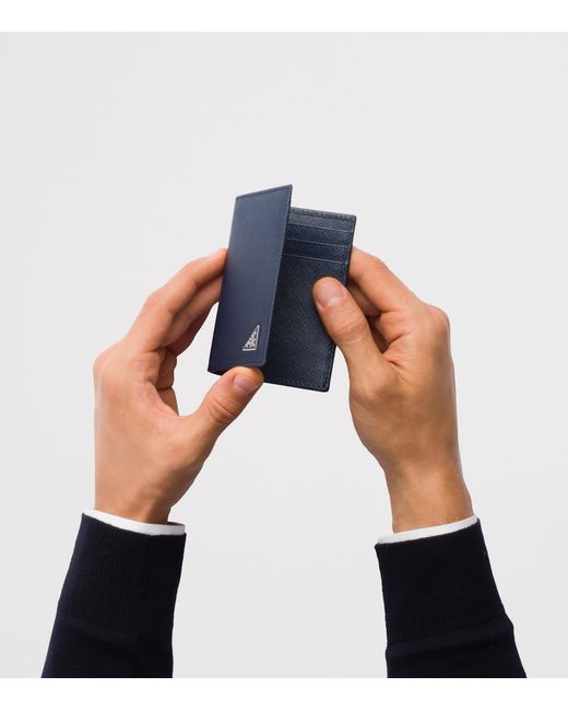 Prada Blue Saffiano Leather Bi-Fold Card Holder for men