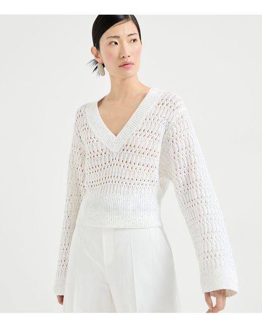 Brunello Cucinelli White Linen-Blend Dazzling Sweater