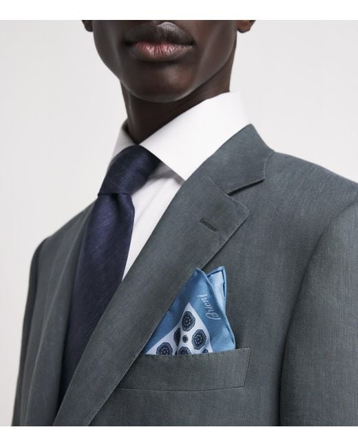 Brioni Blue Silk Geometric Print Pocket Square for men