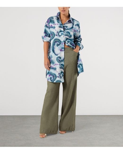 Marina Rinaldi Blue Cotton Printed Midi Shirt Dress