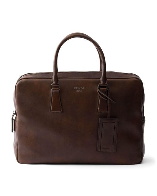 Prada Brown Leather Logo Briefcase for men