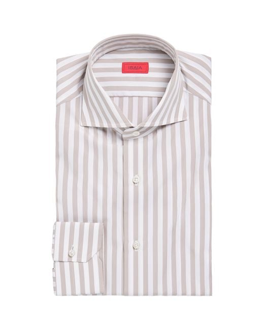 Isaia White Cotton Stripe Shirt for men