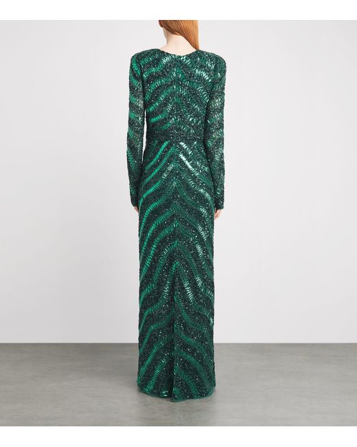 Raishma Green Embellished V-Neck Eliana Gown