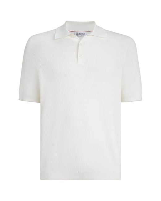 Brunello Cucinelli White Cotton Rib-Knit Polo Shirt for men