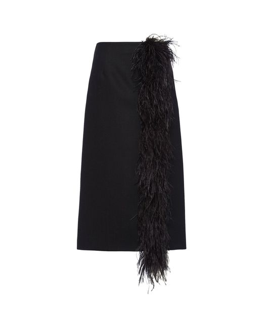 Prada Black Wool Feather-trim Midi Skirt