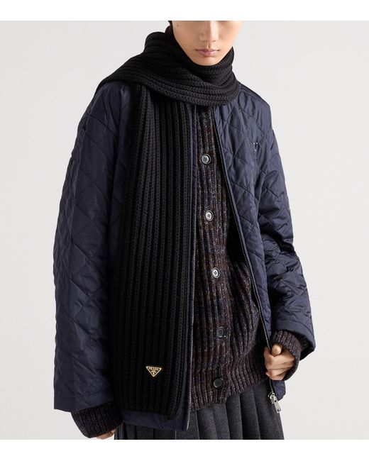 Prada Black Virgin Wool Logo Scarf