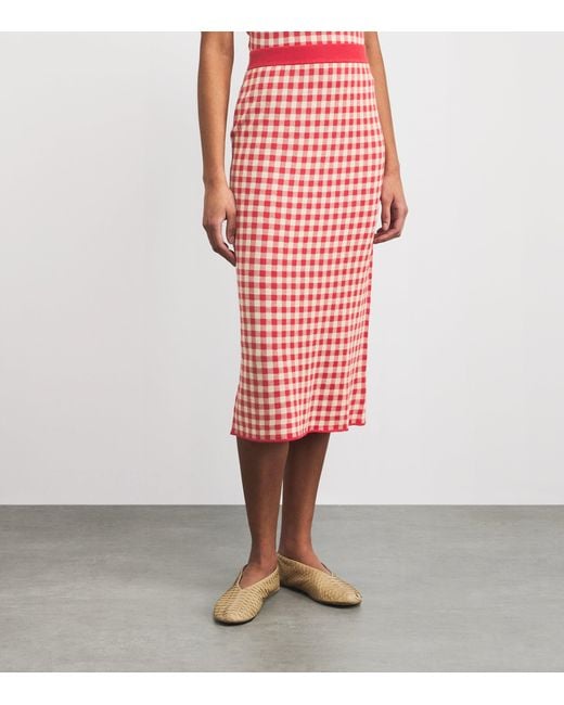 Guest In Residence Red Silk-Linen Gingham Midi Skirt