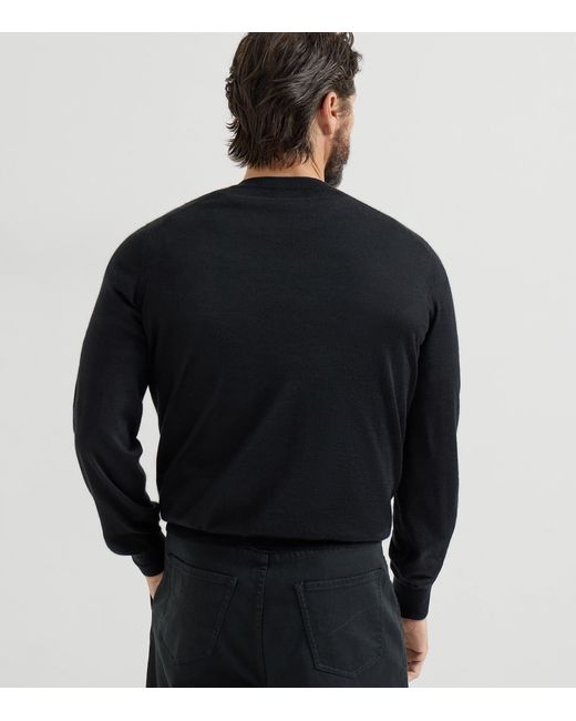 Brunello Cucinelli Black Cashmere-Silk V-Neck Sweater for men