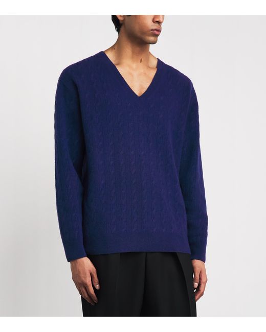Tom Ford Blue Wool Cable-Knit V-Neck Sweater for men