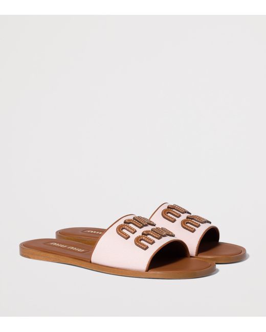 Miu Miu Brown Canvas-Leather Logo Sandals