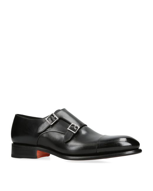 Santoni Black Leather Carter Double Monk Shoes for men