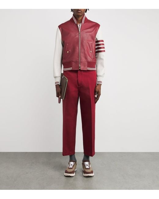 Thom Browne Red Leather Classic Bomber Jacket for men