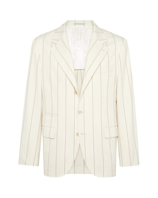 Brunello Cucinelli White Wool-Sea Island Cotton Stripe Blazer for men