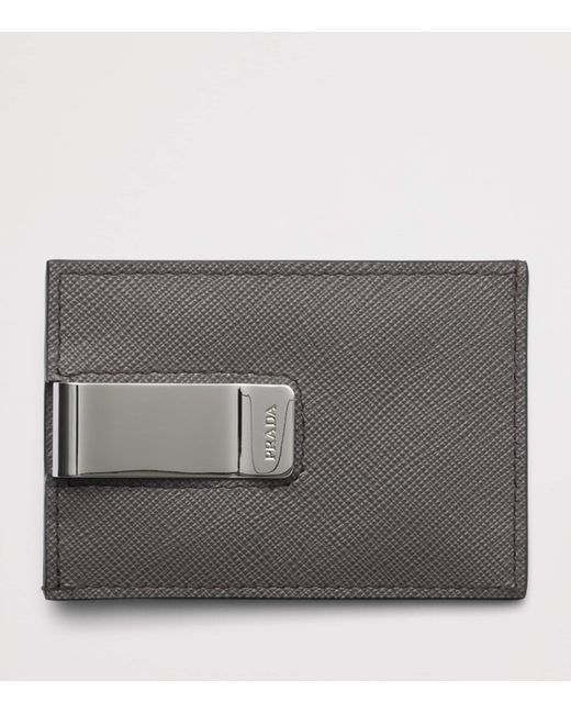 Prada Black Saffiano Leather Money Clip Card Holder for men