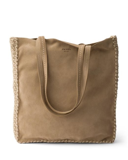Prada Natural Large Suede And Crochet Tote Bag
